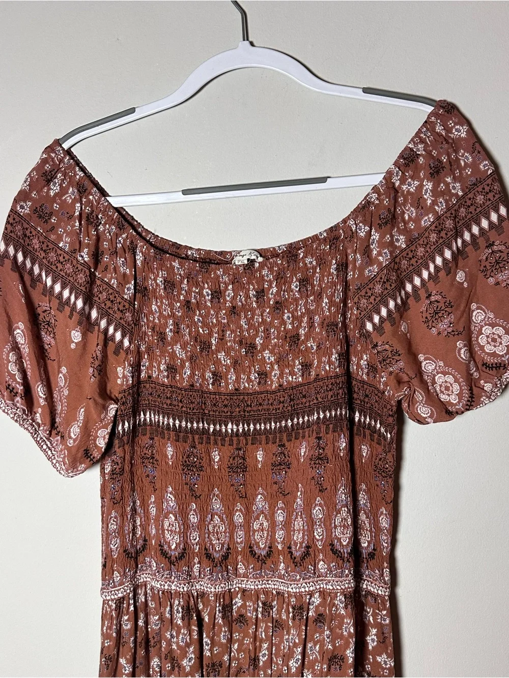 Boho Floral Smocked Maxi Dress XL Off Shoulder Puff Sleeve Peasant Cottagecore - Picture 5 of 8